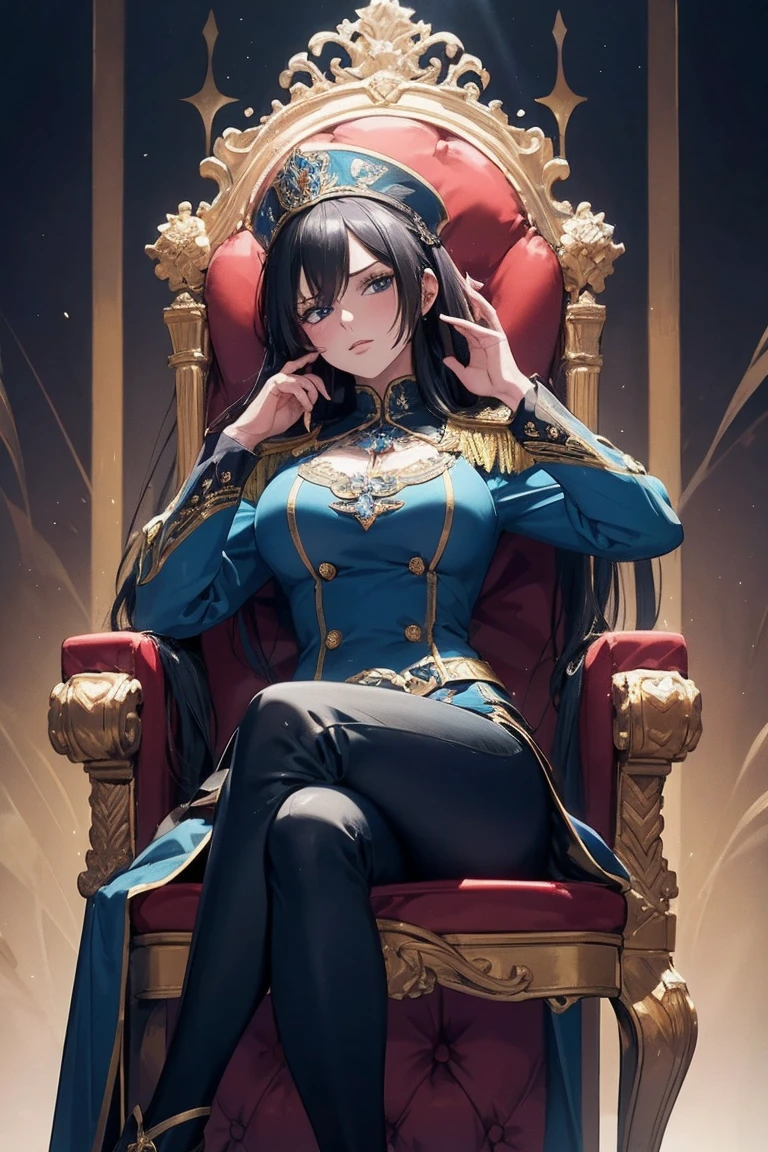a beautiful and seductive woman with the face of the reference image, sitting on an ornate throne chair, wearing a strong and imposing Prusian Blue military uniform, details on clothing in highly detailed aquamarine color, 8K, Masterpiece artwork, cinematic lighting, dramatic pose, Bright dark, details Intricate, rich colors , chic, majestic, arrogant look from top to bottom, mighty, age between 30 and 40 years, don&#39;t wear a skirt, wears pants