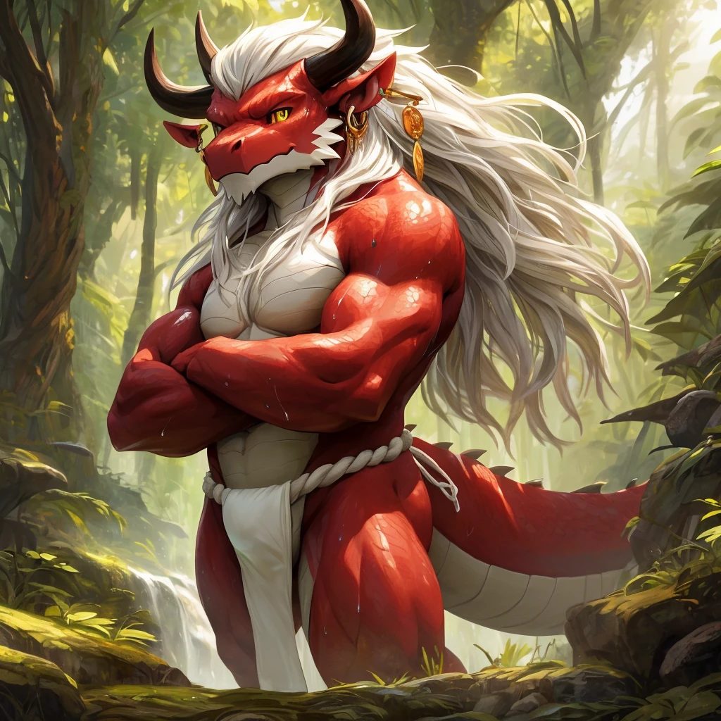 ultra-detailed, masterpiece, masterwork, high quality, best quality, hdr, (nature), nsfw, male, solo, chibi, dragon, ((nude, fundoshi)), (little red body minotaur), (white body), (long golden hair, yellow eyes, cool eyes), standing, cross your arms, dynamic angle, earrings, sweat