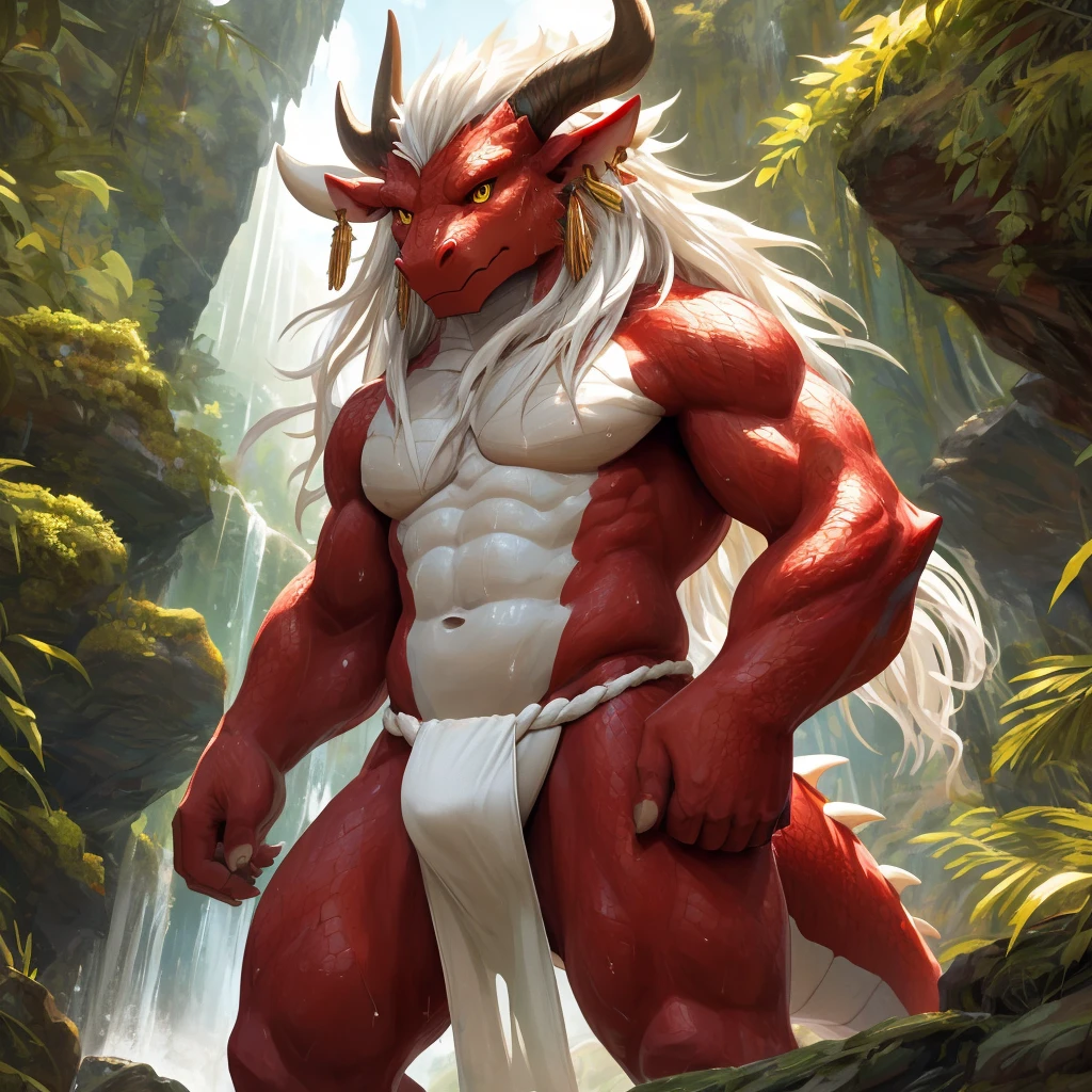 ultra-detailed, masterpiece, masterwork, high quality, best quality, hdr, (nature), nsfw, male, solo, chibi, dragon, ((nude, fundoshi)), (little red body minotaur), (white body), (long golden hair, yellow eyes, cool eyes), standing, cross your arms, dynamic angle, earrings, sweat
