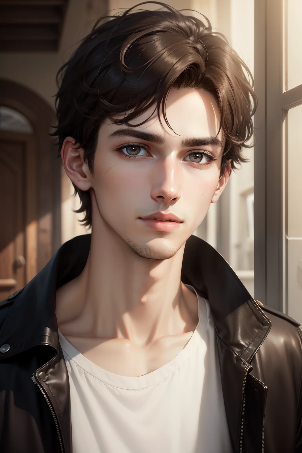 realistic, male, 23 years old, lanky, dark circles under the eyes, aquiline nose, short dark brown hair, dark lighting.