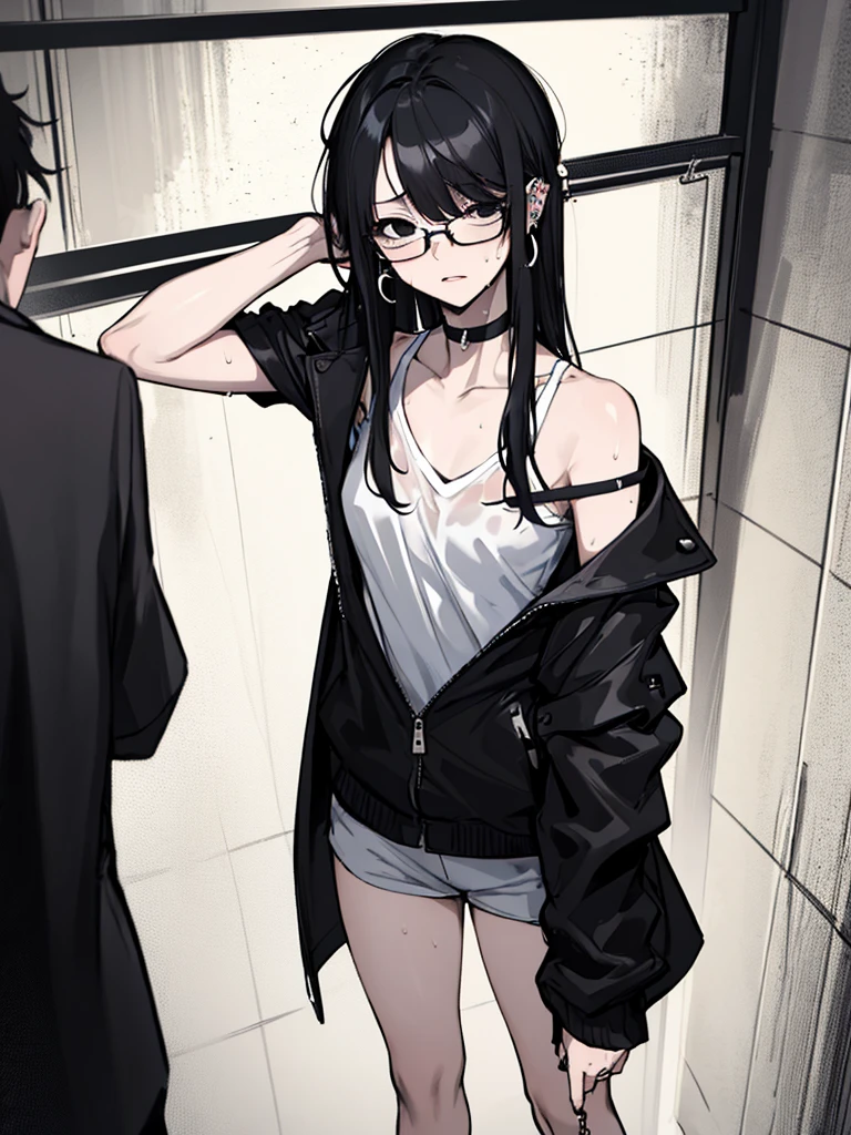 (masterpiece), best quality, expressive eyes, highres, anatomically correct, 1girl, perfect face, perfect hands, female, pale, glasses, messy hair, black hair, very long hair, black eyes, glasses, weak, tired, small breasts, graphic t-shirt, gothic, emo, goth, exposed left shoulder, piercings, ear piercings, lip piercings, fatigue, eye-bags, sore, blank eyes, expressionless, weak, crazy face, crazy eyes, swept bangs, choker, standing, freaked out, shocked, nervous, stressed, sweating, black hair, black eyes, wet shirt, black jacket,