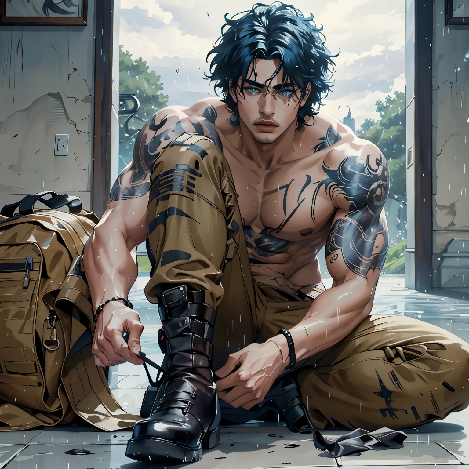 8K, complex, elegant, Highly detailed, majestic, digital photography, surreal painting, defeat magic, Sinuous Lightning, (masterpiece, Side light, fine and beautiful eyes: 1.2), HDR, (bright blue eyes)), Naked upper body, (bright tattoo), handsome boy, cana, musculature, black skin, demon horn, Raining, handsome, in front of camera, masterpiece