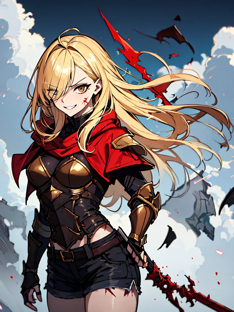 (absurdres, 8k, 4k, masterpiece, hyper extreme detailed:1.2), solo, 1girl, front view, portrait, best quality, expressive eyes, perfect face, perfect anatomy, cowboy shot, 1girl, portrait, solo, standing, Female, toned body, mature female, small breasts, pale, hair covering one eye, long hair, adult, gold eyes, psychotic, laughing, blood, bloody, falling, clouds, crazy eyes, messy hair, swept bangs, perfect anatomy, front view, apocalypse background, t-shirt, shorts, scars, scuffs, injuries, reckless, dangerous, blonde hair, insane, crazy, chaotic, destruction, death, burning church background, emotionless, evil, restless, cold, malicious, menacing, anti hero, dark magic, demonic, bleeding, restless, cloak, armor, torn clothing, tattered clothes, pale skin, blackened armor, sword, smirk, full body, gauntlets, grieves, sinister, survivor,
