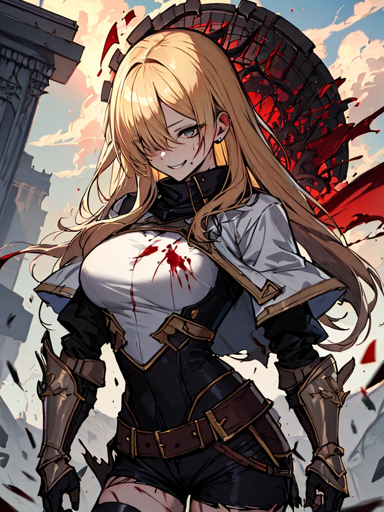 (absurdres, 8k, 4k, masterpiece, hyper extreme detailed:1.2), solo, 1girl, front view, portrait, best quality, expressive eyes, perfect face, perfect anatomy, cowboy shot, 1girl, portrait, solo, standing, Female, toned body, mature female, small breasts, pale, hair covering one eye, long hair, , gold eyes, psychlaughing, blood, blooalling,ds, crazy eyes, messy haiept bangs, perfect anatomy, front view, apocalypse background, t-shirt, shorts, scars, scuffs, injuries, reckless, dangerous, blonde hair, insane, crazy, chaotic, deion, deaurning church background, emoess, evil, restless, cold, malicious, menacing, anti hero, dark magic, demonic, bleeding, restless, cloak, armor, torn clothing, tattered clothes, pale skin, blackened armor, sword, smirk, full body, gauntlets, grieves, sinister, survivor,