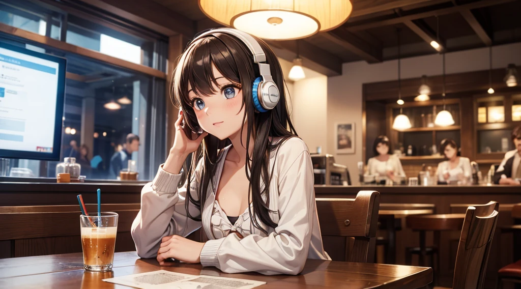 Girl with headphones enjoying music in a cafe I am studying Emphasize a little bit of the chest