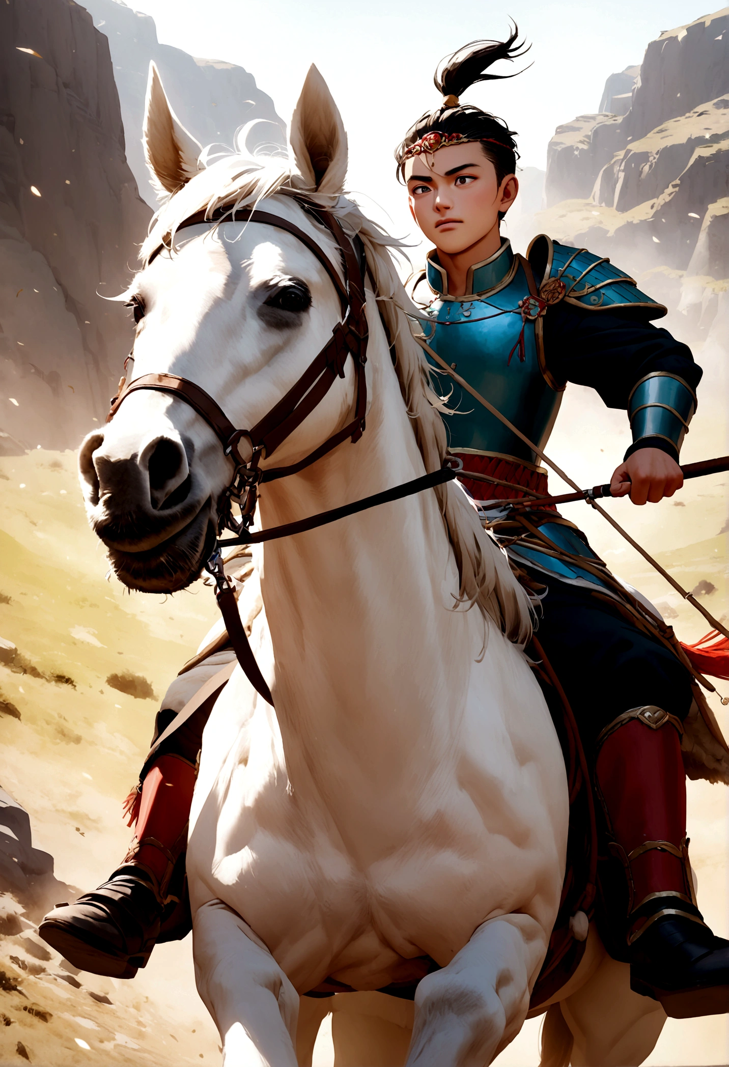 A bravery youth boy wearing Mongolian armor riding on a white horse and dragging a bow.