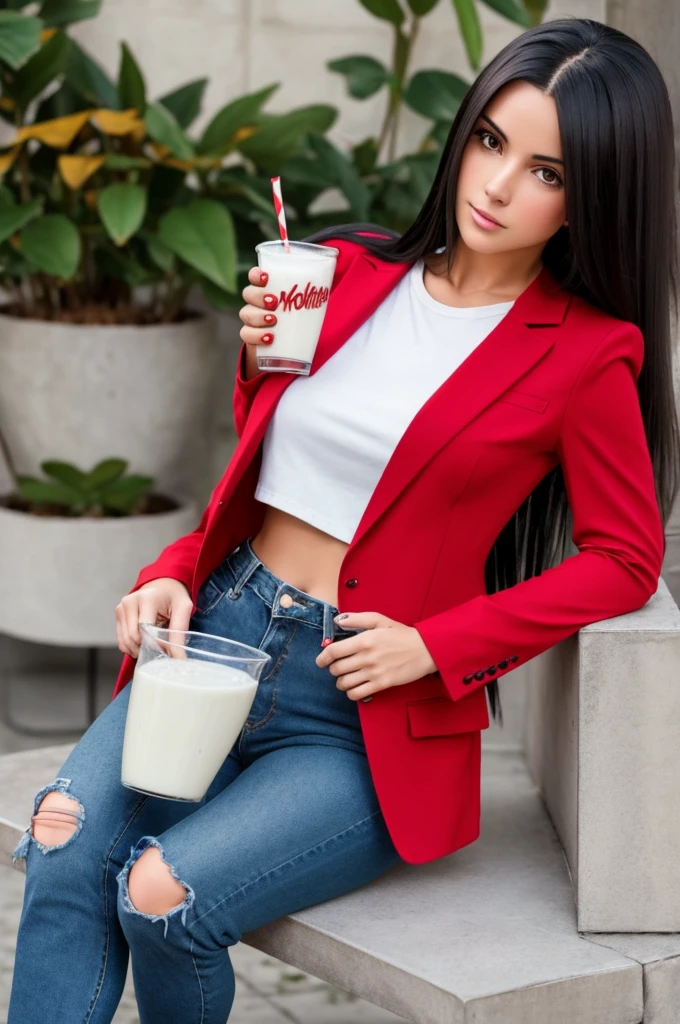 brunette woman with long black hair, in red blazer, de cropped preto, de short jeans, in red combat boots, tomando milk shake, in 8K, ultra realisitic