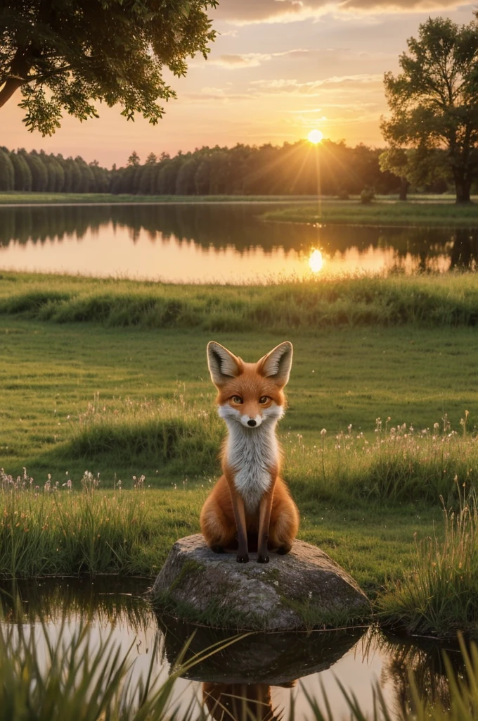 ((best quality)), ((masterpiece)), (Detailed), Anthropomorphic little fox girl sitting in a meadow by a lake and watching the sunset.