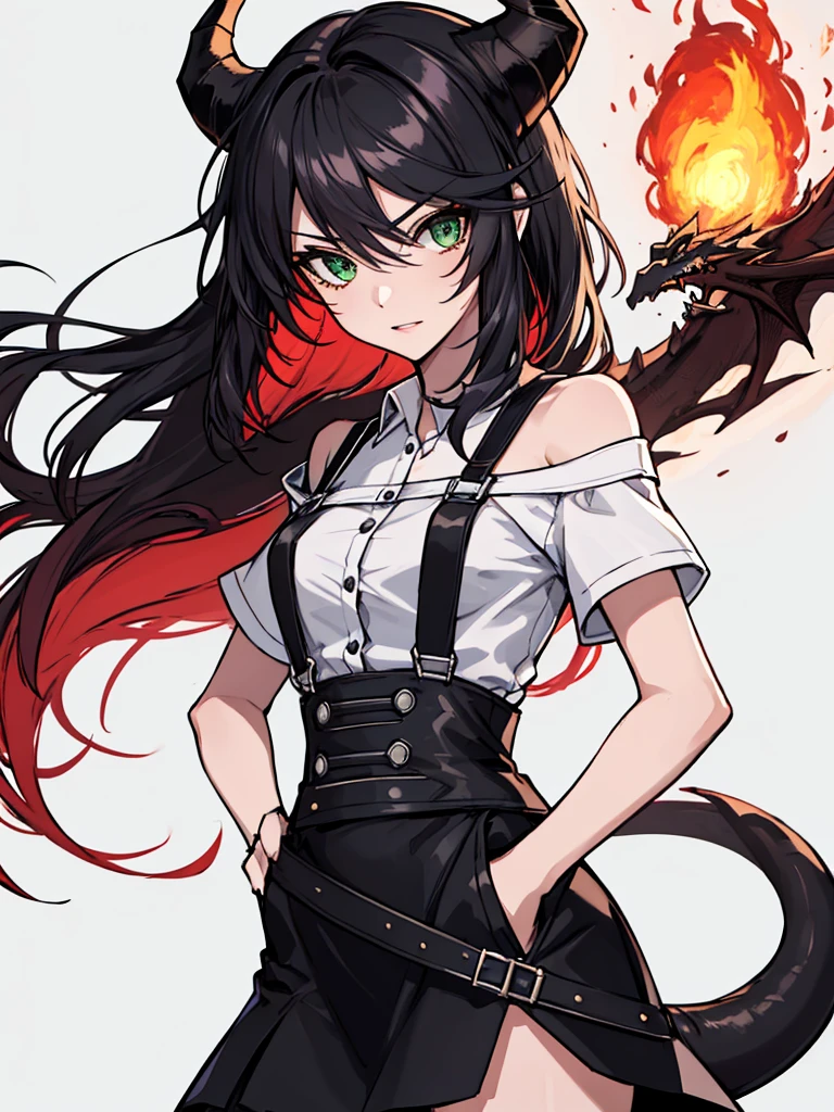 absurdres, 8k, 4k, masterpiece, hyper extreme detailed:1.2), solo, 1girl, front view, perfect face, 1girl, portrait, expressive eyes, looking at viewer, solo, green eyes, standing, mature female, , pale, long black hair, groan, casual wear, , looking forward, front view, black horns, confident, cautious, rational, messy hair, wind, windy, moving hair, moving clothes, swept bangs, front view, unyielding, mature body, tomboy, dragon tail, , black nails, wild hair, velvet crowe, scars, fatigue, Black Demonic Horns, Dragon Horns, Dragon Tail, fire, long skirt, hands in pockets, white shirt black letters, exposed shoulder, shoulder strap, suspenders, velvet crowe, velvet-outfit, red hair gradients, village background, fiery, flames, burning, 