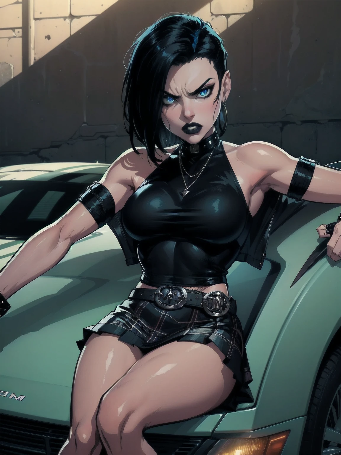 a woman with medium black hair, hair on shoulders, wearing plaid skirt, black jacket, blue eyes, gothic art, cute aesthetic with vibe, toon aesthetic, wearing gothic accessories, look like Cassie Hack, upper body, angry, sitting on the car, garage background, dinamic poses