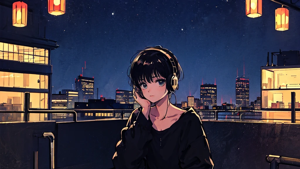 Black short Hair, Black Clothing, One Adult Woman Looking Sideways ,Blue headphones、 City of night, Delicate background、Masterpiece、Night Town、night、dark、Nostalgic、ラジオ