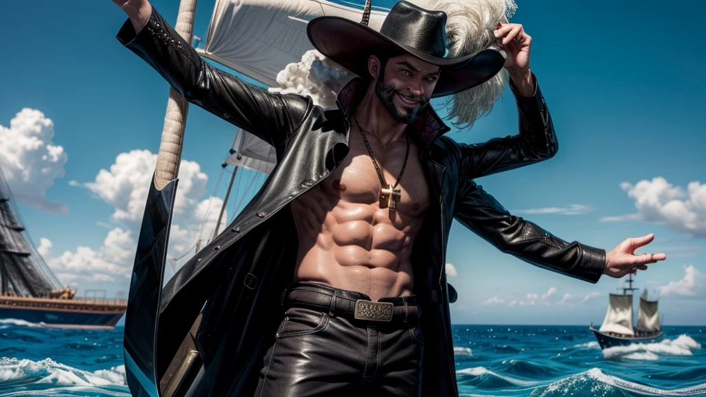masterpiece, best quality, extremely detailed, hyperrealistic, photorealistic, a cool 40s man, ultra detailed face:1.3, black hat with feathers, on detailed yacht, sea, laughing, standing, holding long black sword, dynamic pose
