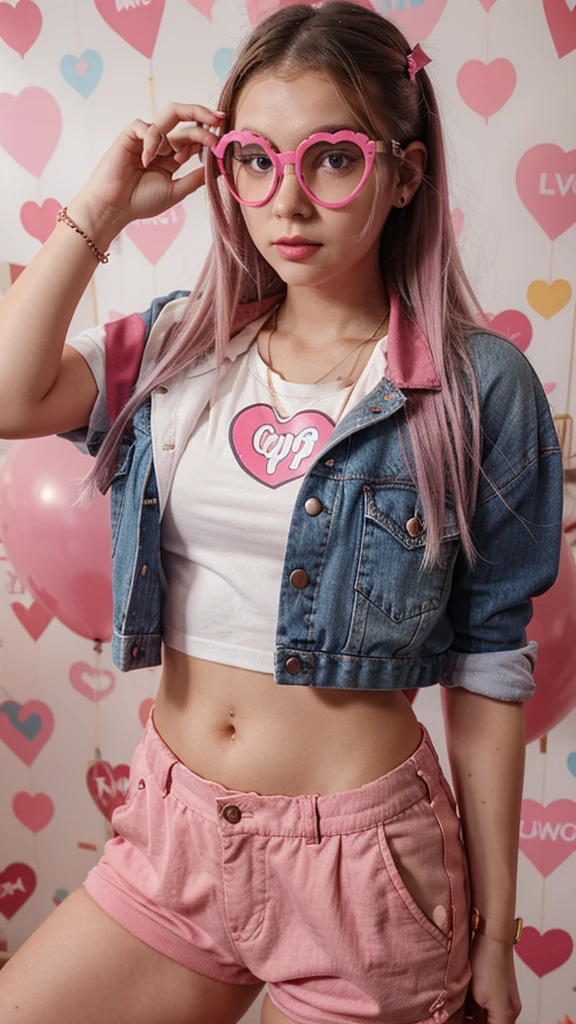 Image of girl with aesthetic style heart glasses and nineties outfit with lolipop background