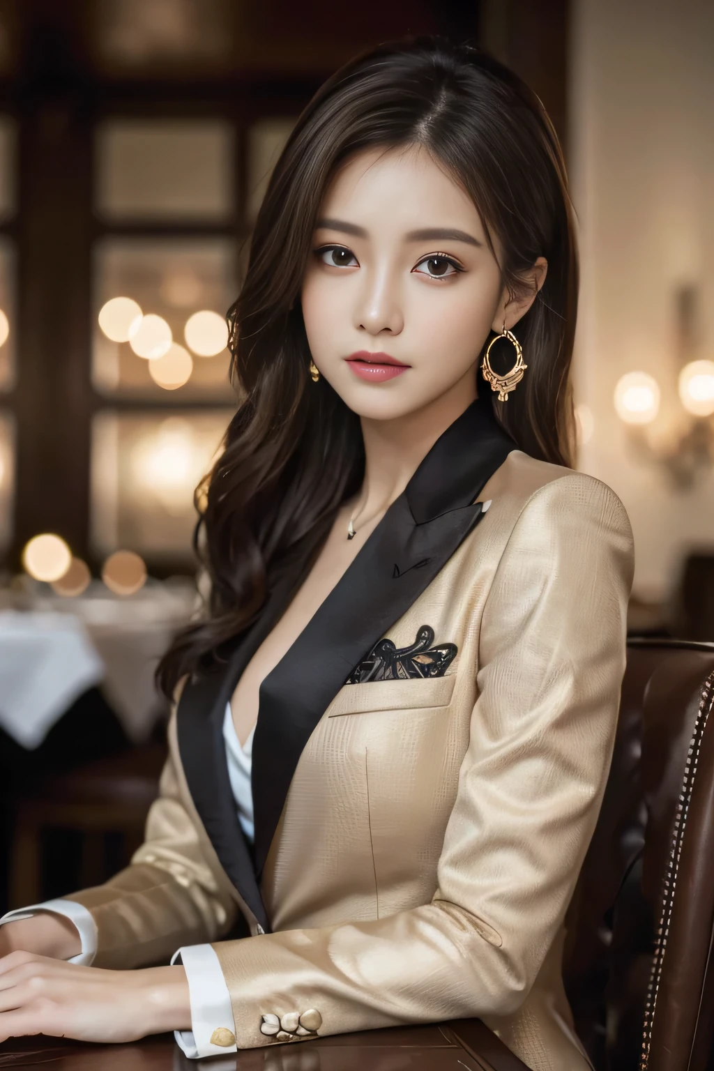 masterpiece, Highest quality, Realistic, Very detailed, Finer details, High resolution, 8k wallpaper, One beautiful woman, Wear a nice suit, In a great restaurant, At night, Light brown messy hair, Perfect dynamic composition, Beautiful and beautiful eyes、Big earrings、Sit on a chair、