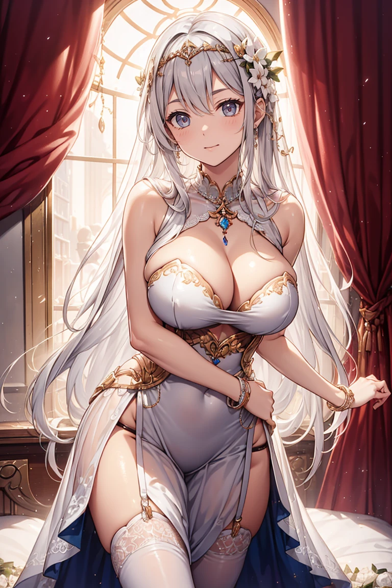 (best quality,4K,8K,High resolution,Masterpiece:1.2),very detailed,beautiful girl,Enchanted,charming,Cheerfulness,sacred,Magical effect,silver white hair,light pink wedding dress,love eyes,bridal dress,Complicated dress,lace details,bedroom,solitude,during the night,Lace stockings,แถบsacred,See-through transparent clothes,big breasts