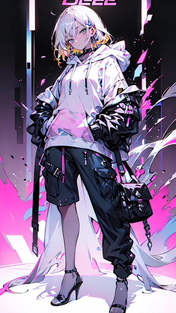 a girl with long yellow hair, blue eyes, wearing an orange hoodie and black heels, in a cyberpunk setting with her hand in her pocket, pink background