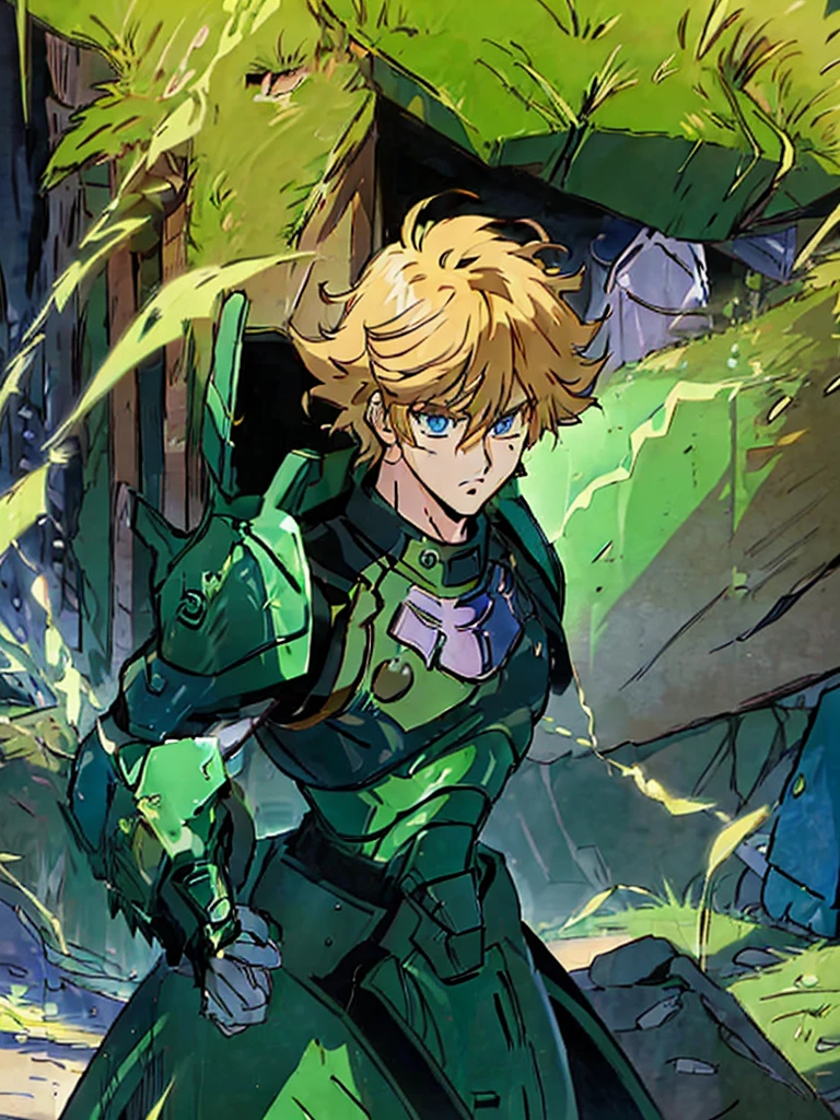 (masterpiece, high quality, 32k animation quality, anime style, super detailed, 1980s /(style/), retro art style, perfect ???????), ((Korin Seiji)), 1 male, solo, distinct art style, beautiful face, (blonde hair, short hair, messy hair, asymmetrical parting, front and back hair), (beautiful eyes detailed), blue eyes, straight face, (huge chest: 1.2, green armor, Korin armor), slim waist: 1.0, wide hips 1.4, (waist armor, Korin, realistic, super detailed), (standing, holding a katana), looking at the viewer, (cave background, on a rock), (front view), holding a katana in hand, score_10_up, score_9_up, score_8_up, score_7_up, score_6_up,