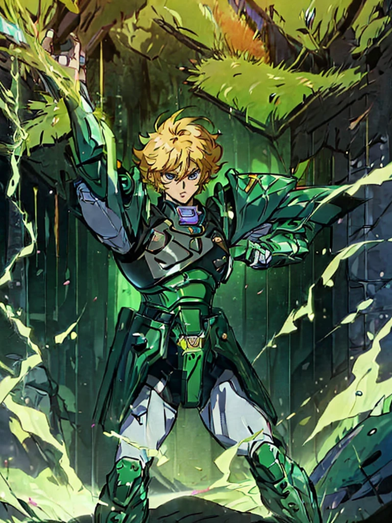 (masterpiece, high quality, 32k animation quality, anime style, super detailed, 1980s /(style/), retro art style, perfect anatomy), ((Korin Seiji)), 1 male, solo, distinct art style, beautiful face, (blonde hair, short hair, messy hair, asymmetrical parting, front and back hair), (beautiful eyes detailed), blue eyes, straight face, (huge chest: 1.2, green armor, Korin armor), slim waist: 1.0, wide hips 1.4, (waist armor, Korin, realistic, super detailed), (standing, holding a katana), looking at the viewer, (cave background, on a rock), (front view), holding a katana in hand, score_10_up, score_9_up, score_8_up, score_7_up, score_6_up,