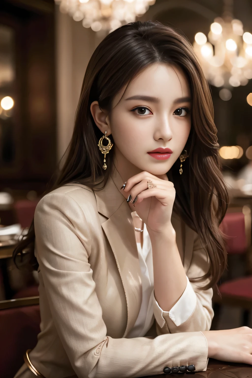 masterpiece, Highest quality, Realistic, Very detailed, Finer details, High resolution, 8k wallpaper, One beautiful woman, Wear a nice suit, In a great restaurant, At night, Light brown messy hair, Perfect dynamic composition, Beautiful and beautiful eyes、Big earrings、Sit on a chair、