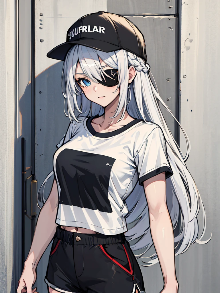 (absurdres, 8k, 4k, masterpiece, hyper extreme detailed:1.2), solo, 1girl, portrait, best quality, expressive eyes, perfect face, portrait, looking at viewer, solo, standing, casual wear, toned, white haired, eye patch, braided hair, long hair, medium breasts, scars, blue eyes, very long hair, military, shorts, white t-shirt, toned body, athletic body, muscular, friendly, calm, graphic t-shirt, medium bust, graphic t-shirt, baseball cap,
