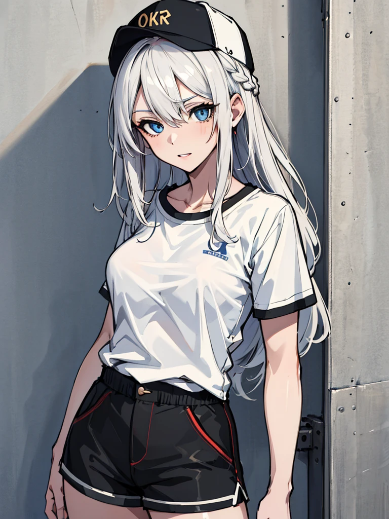 (absurdres, 8k, 4k, masterpiece, hyper extreme detailed:1.2), solo, 1girl, portrait, best quality, expressive eyes, perfect face, portrait, looking at viewer, solo, standing, casual wear, toned, white haired, eye patch, braided hair, long hair, medium breasts, scars, blue eyes, very long hair, military, shorts, white t-shirt, toned body, athletic body, muscular, friendly, calm, graphic t-shirt, medium bust, graphic t-shirt, baseball cap,
