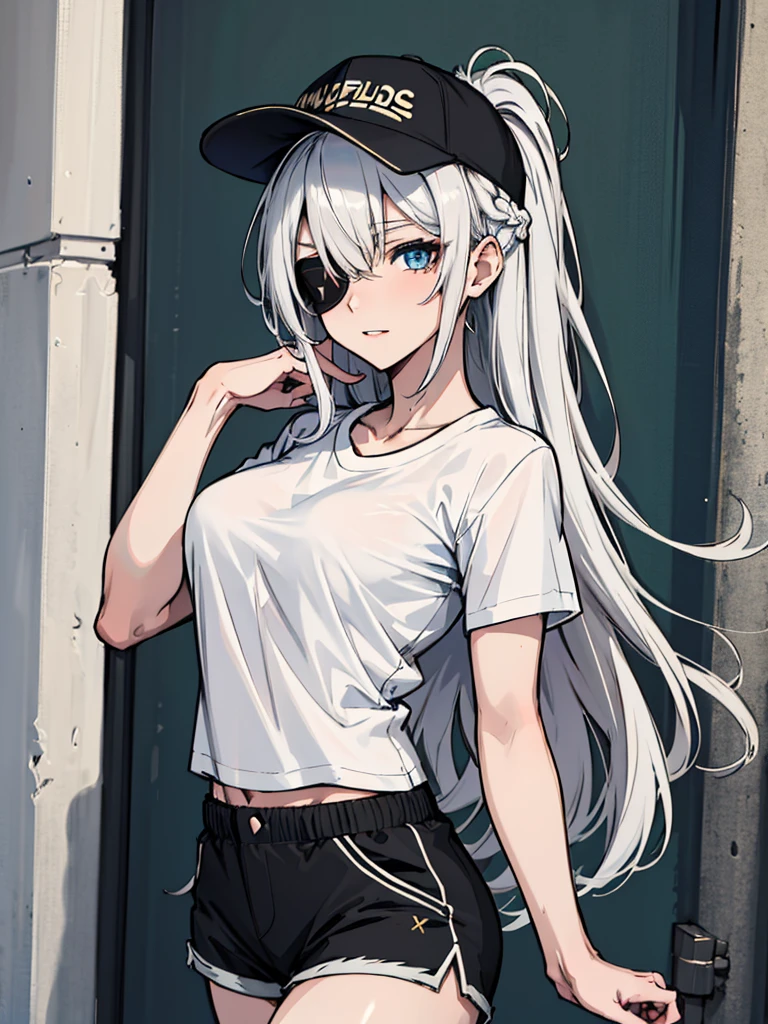 (absurdres, 8k, 4k, masterpiece, hyper extreme detailed:1.2), solo, 1girl, portrait, best quality, expressive eyes, perfect face, portrait, looking at viewer, solo, standing, casual wear, toned, white haired, eye patch, braided hair, long hair, medium breasts, scars, blue eyes, very long hair, military, shorts, white t-shirt, toned body, athletic body, muscular, friendly, calm, graphic t-shirt, medium bust, graphic t-shirt, baseball cap,
