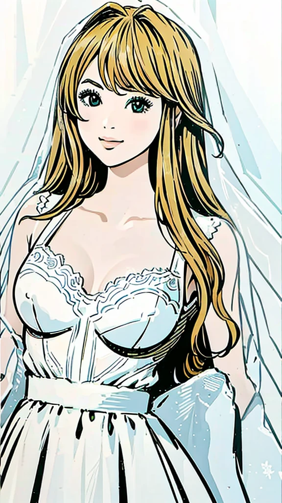 European descent、Blonde、Long Hair、Wedding dress、smile、Upper Body、Subjective、Large Breasts、Simple Background。