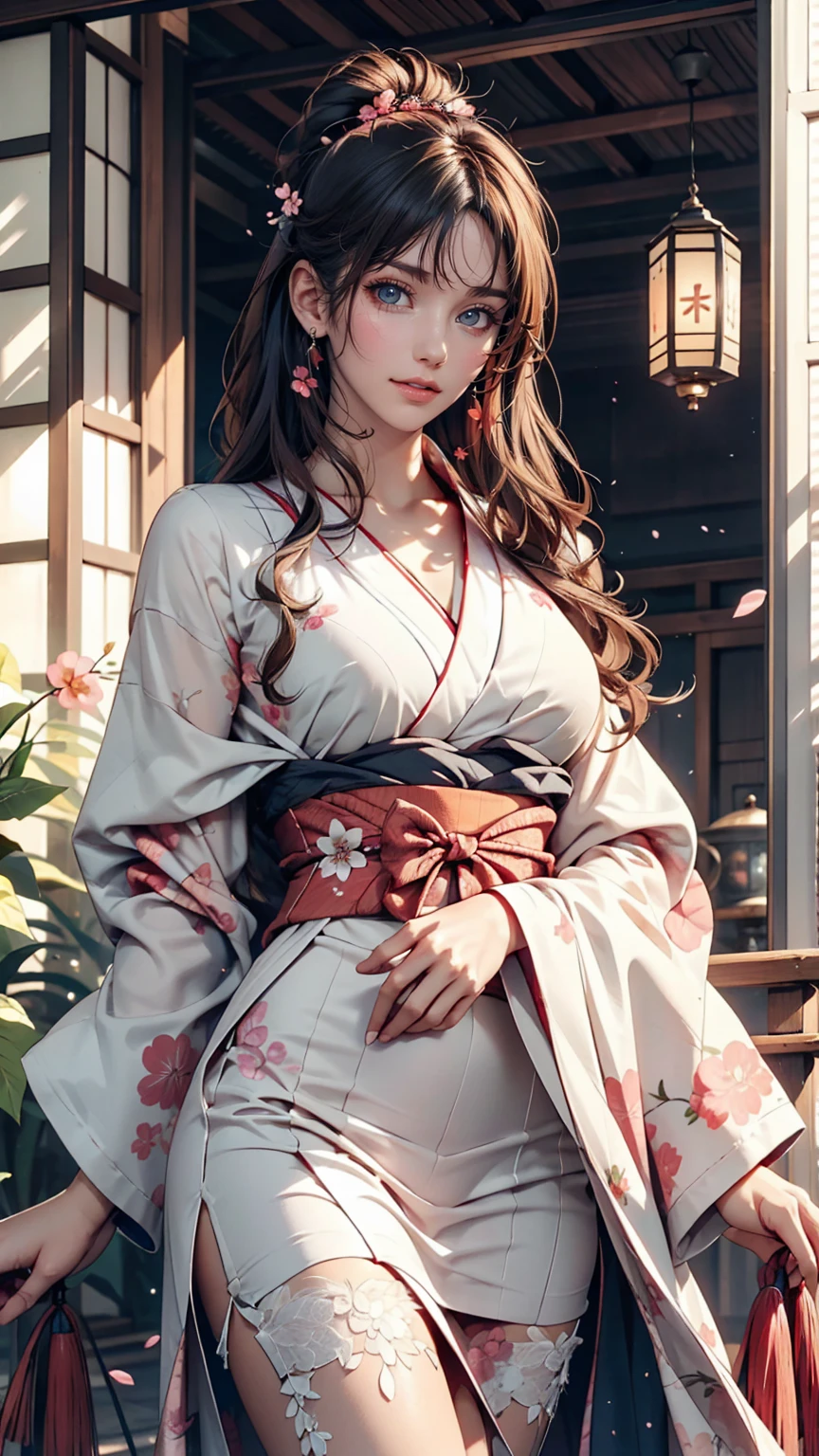 Surreal, Very detailed, High-resolution 16K images, A beautiful female ghost or guardian spirit. She has pale pink hair and clear skin., She is wearing a traditional Japanese kimono with a small cherry blossom pattern on the obi.。. This image captures the ethereal beauty and mystery of the spirit world.。. This style is delicate, The gentle aesthetics of traditional Japanese art.Sexy proportions、Narrow waist、Sexy