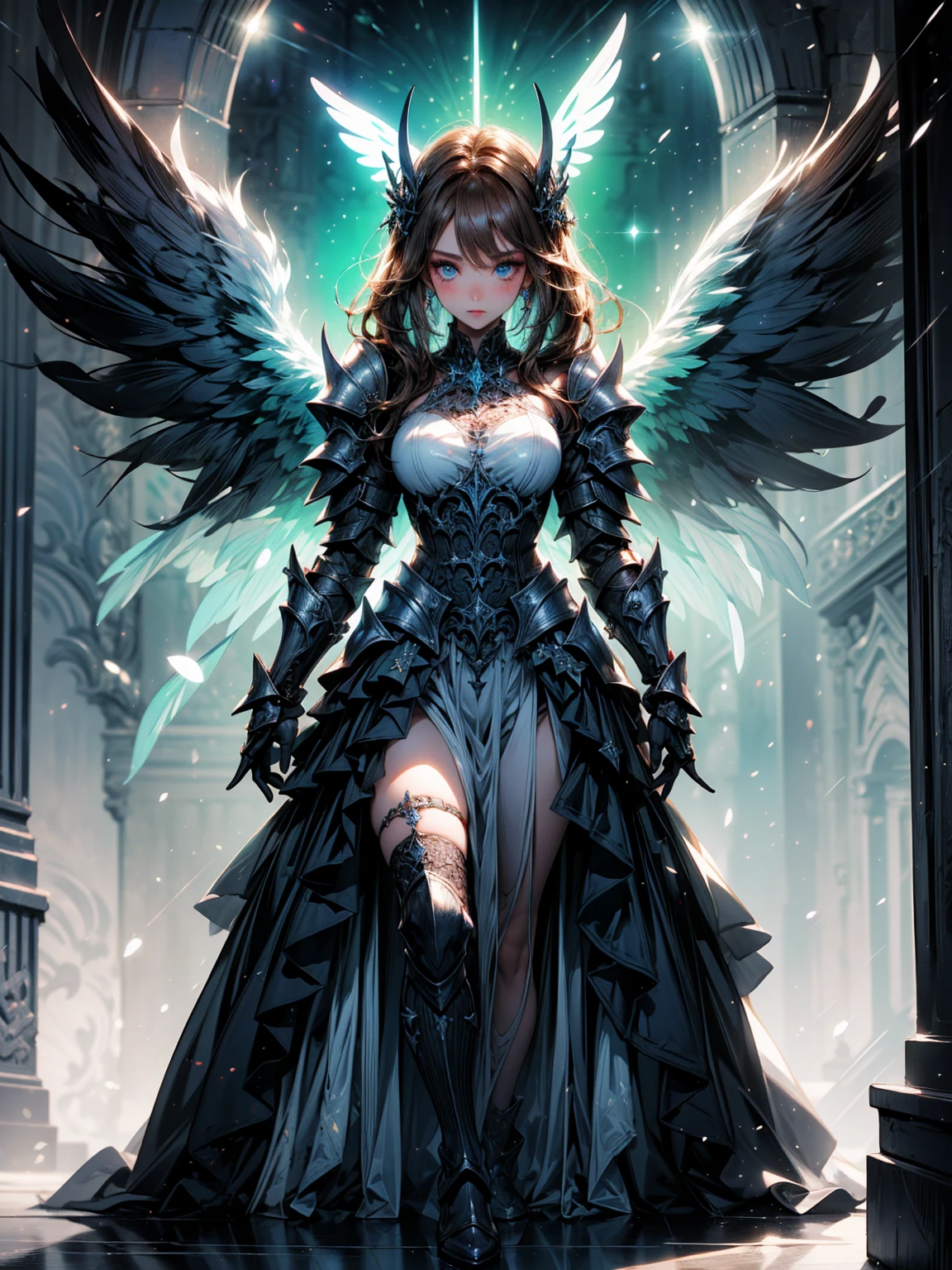 (((masterpiece))) (((highest quality))) (((8k resolution))) Queen in power armor, (gothic style), (full body shot 1.2), bellybutton, The most beautiful and sexy angel goddess, with long light brown hair, and glowing blue eyes, wearing intricate white gothic battle armor, angel wings, standing majestically in front of a gothic castle. ((perfect illumination)), a radiant glowing aura surrounds her, highlighting her divine presence and ethereal beauty, as she stands ready to defend her realm. The intricate details of her armor shimmer under the moonlight, and her angelic wings spread wide, casting an awe-inspiring shadow. Her glowing blue eyes exude both kindness and immense power, making her the epitome of grace and strength.