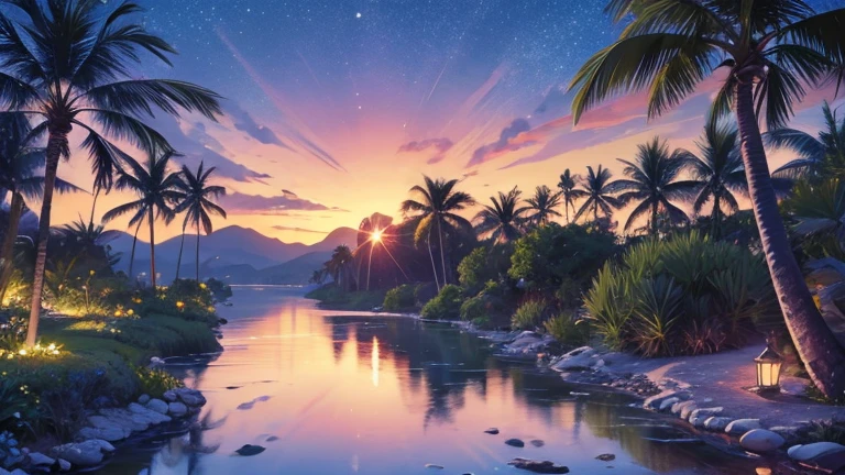 Highly detailed, Editorial style photo: serene lagoon, Hawaii, night, surrounded by silhouettes of palm trees, sky filled with stars, bright moon reflecting off calm water, lagoon illuminated softly by moonlight, gentle waves lapping at shore, distant tropical plants and flowers, lush, tranquil atmosphere, peaceful, spiritual energy