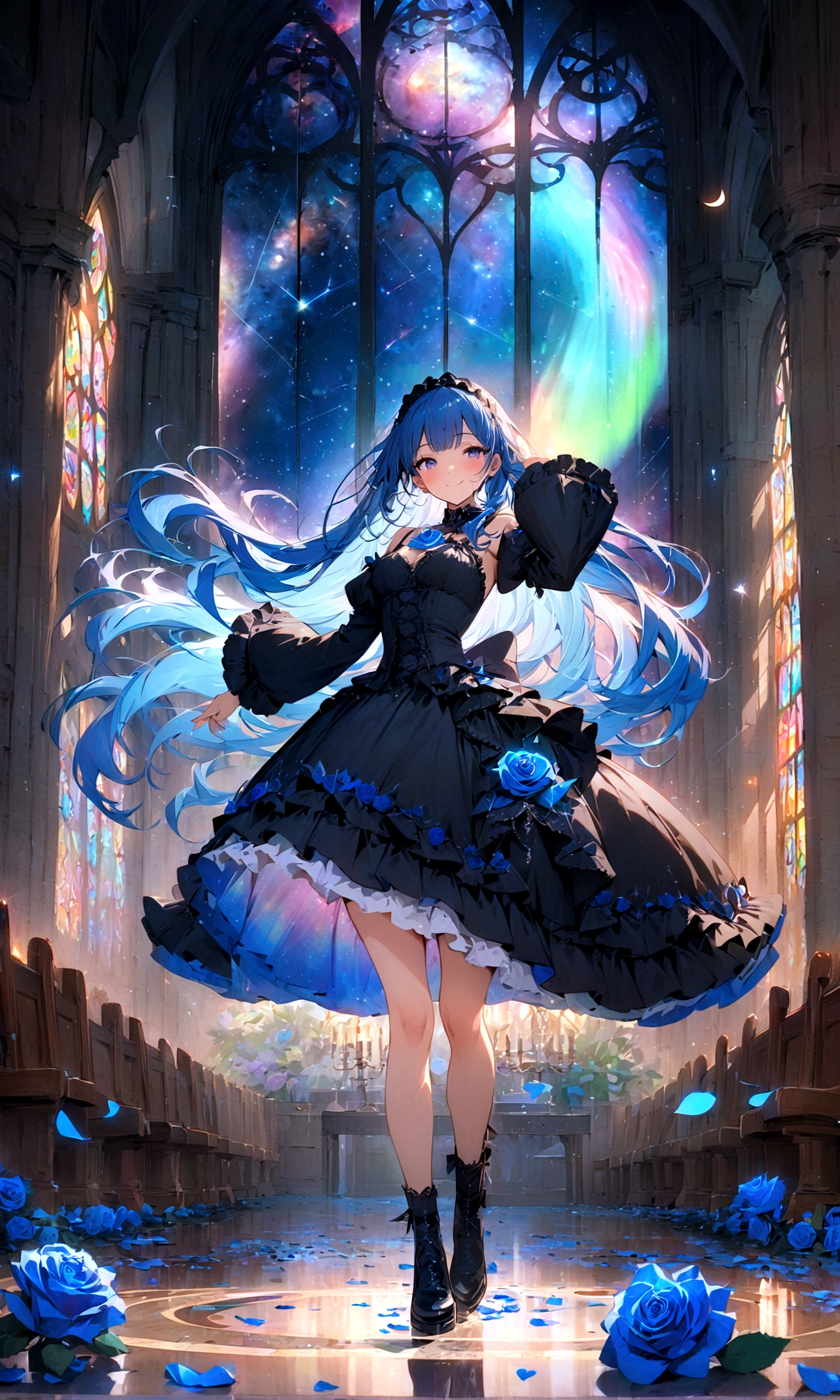((masterpiece:1.4)), (best quality), (ultra-detailed), anime style, 1girl, blue hair, long hair, (gothic lolita), musical note, shooting star, space, galaxy, aurora, seven-colored light, (blue rose:1.2), butterfly, constellation, girl riding on a crescent moon, nebula, blue rose petals, stained glass, entire field of stained glass flowers, night, blushing, blush, smile, reflection, planetarium, flowing hair, church, candelabra, dancing patterns.