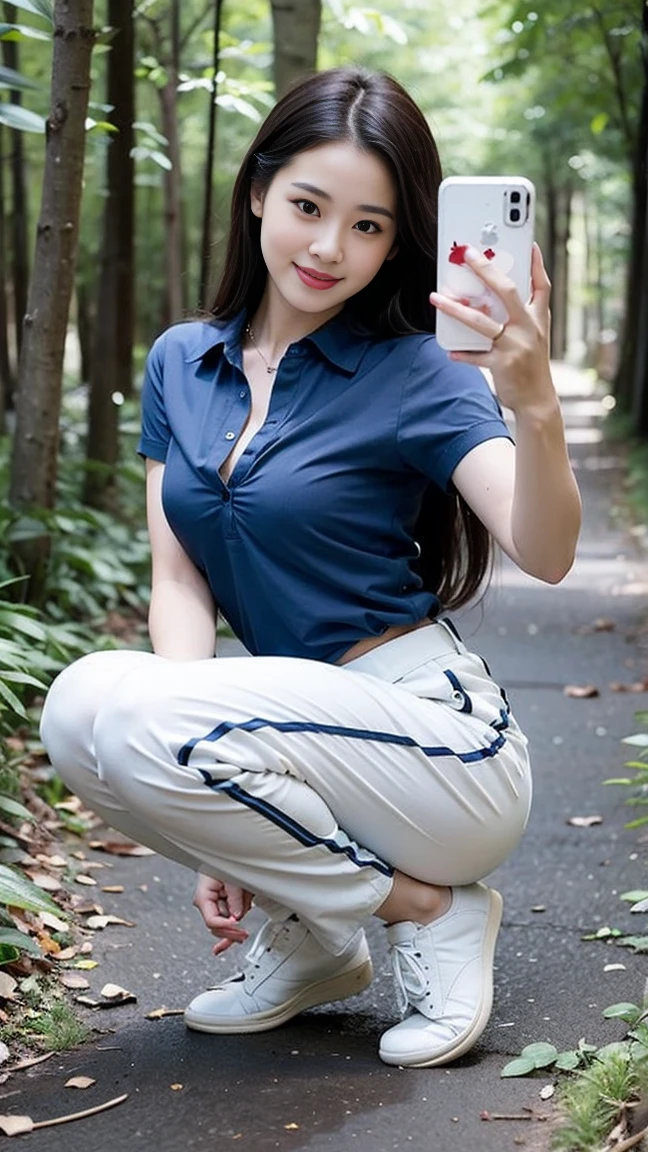 masterpiece, best quality, Surreal, Ultra Detailed, 8k resolution, RAW photos, Clear focus, (A girl in the forest), ((navy blue shirt:1.1)), Short sleeve, Long sweatpants,Full body posture, Solitary, Perfect body, Become a, 36 inches in the chest,(a charming smile:1), (sexy pose)，26 years old, light,White shoes,Selfie,