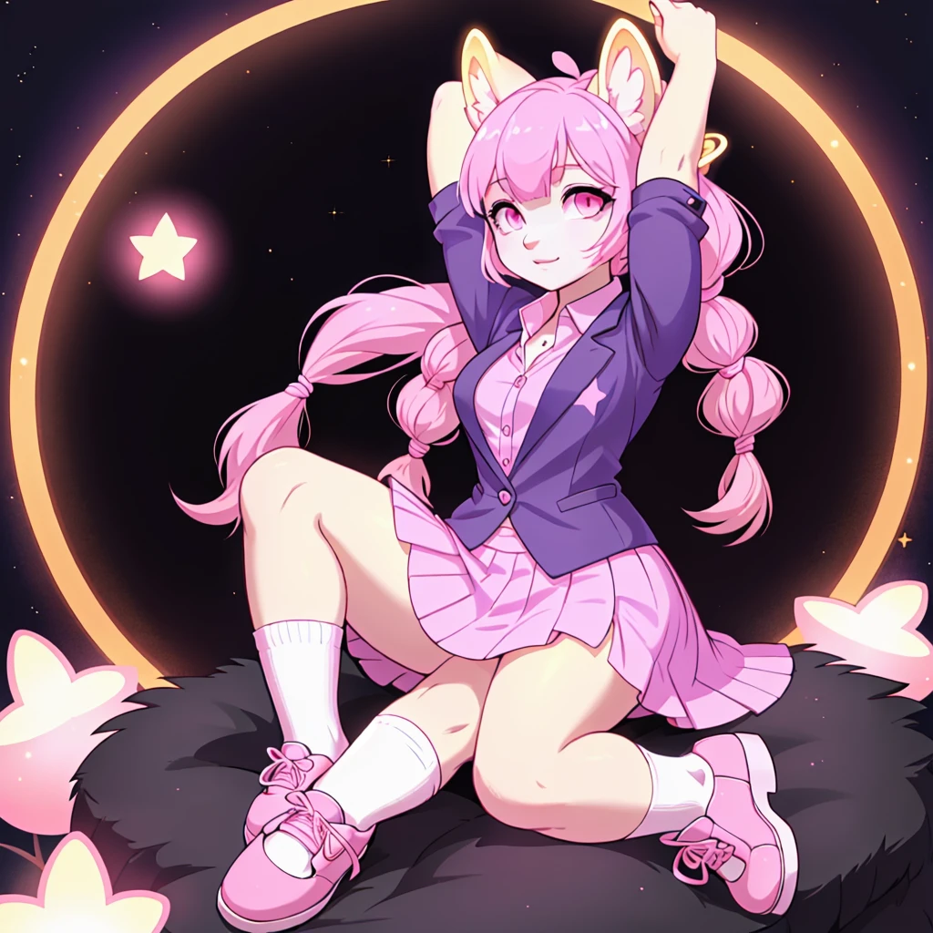 ((Female)), (()), ((pink hair)), ((pink eyes)), ((hair is tied up into long pigtails with bangs)), ((lilac blue colored which consists of a blazer on top of a yellow vest and light pink button up shirt with a lilac colored bow)), ((wears a short, lilac blue skirt with long white socks and gray dress shoes)),((on her head a luminous golden halo floats above her head and her pink eyes have a star design in the pupil))