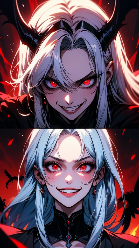 anime girl with red eyes and a black bird on her head, kawacy, ahegao, demon anime girl, evil smile and glowing eyes, anime monster girl, ahegao face, [[[[grinning evily]]]], evil smile, evil grin, gapmoe yandere grimdark, portrait gapmoe yandere grimdark