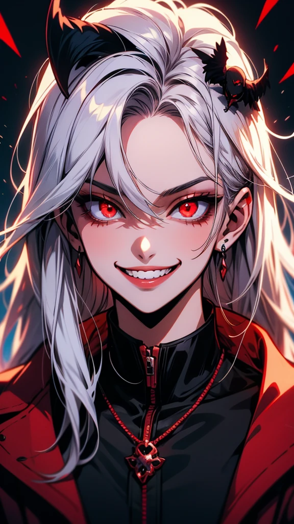 anime girl with red eyes and a black bird on her head, kawacy, ahegao, demon anime girl, evil smile and glowing eyes, anime monster girl, ahegao face, [[[[grinning evily]]]], evil smile, evil grin, gapmoe yandere grimdark, portrait gapmoe yandere grimdark