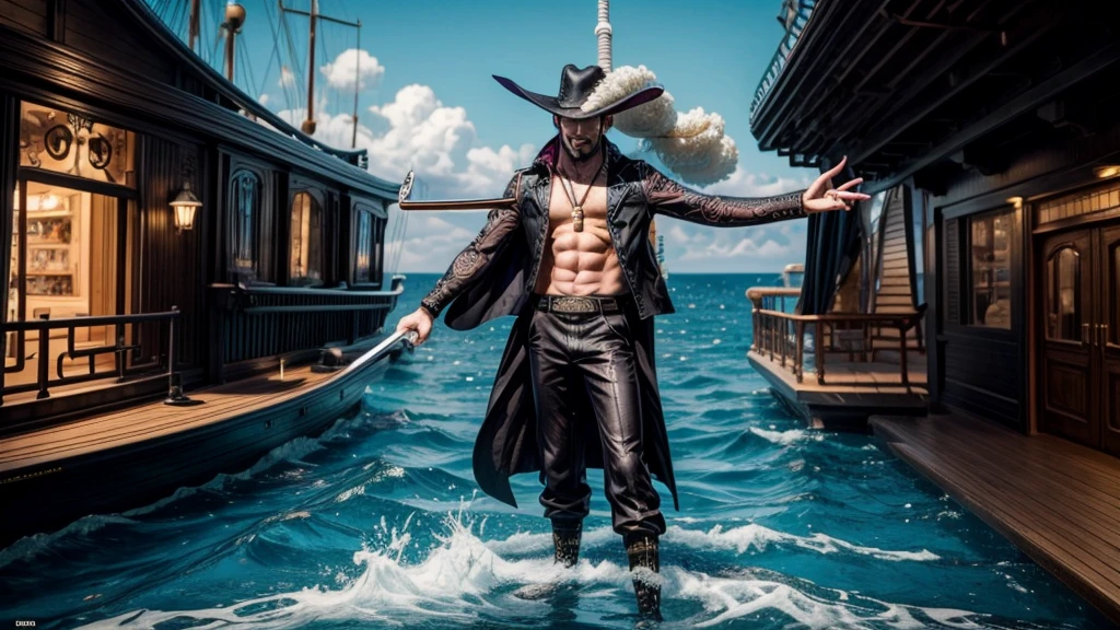 masterpiece, best quality, extremely detailed, hyperrealistic, photorealistic, a cool 40s man, ultra detailed face:1.3, black hat with feathers, on detailed yacht, sea, laughing, standing, dynamic pose, holding long black sword