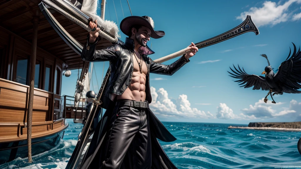 masterpiece, best quality, extremely detailed, hyperrealistic, photorealistic, a cool 40s man, ultra detailed face:1.3, black hat with feathers, on detailed yacht, sea, laughing, standing, holding long black sword, dynamic pose