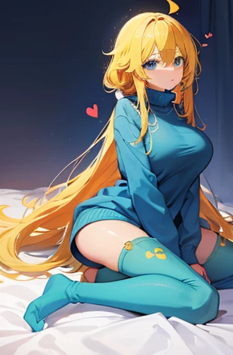 chicha with long yellow hair, with a blue sweater that reaches her thigh with a small heart-shaped hole, blue eyes, whole body, blue underwear, green large socks, with big tits, dark green, stop, having sex