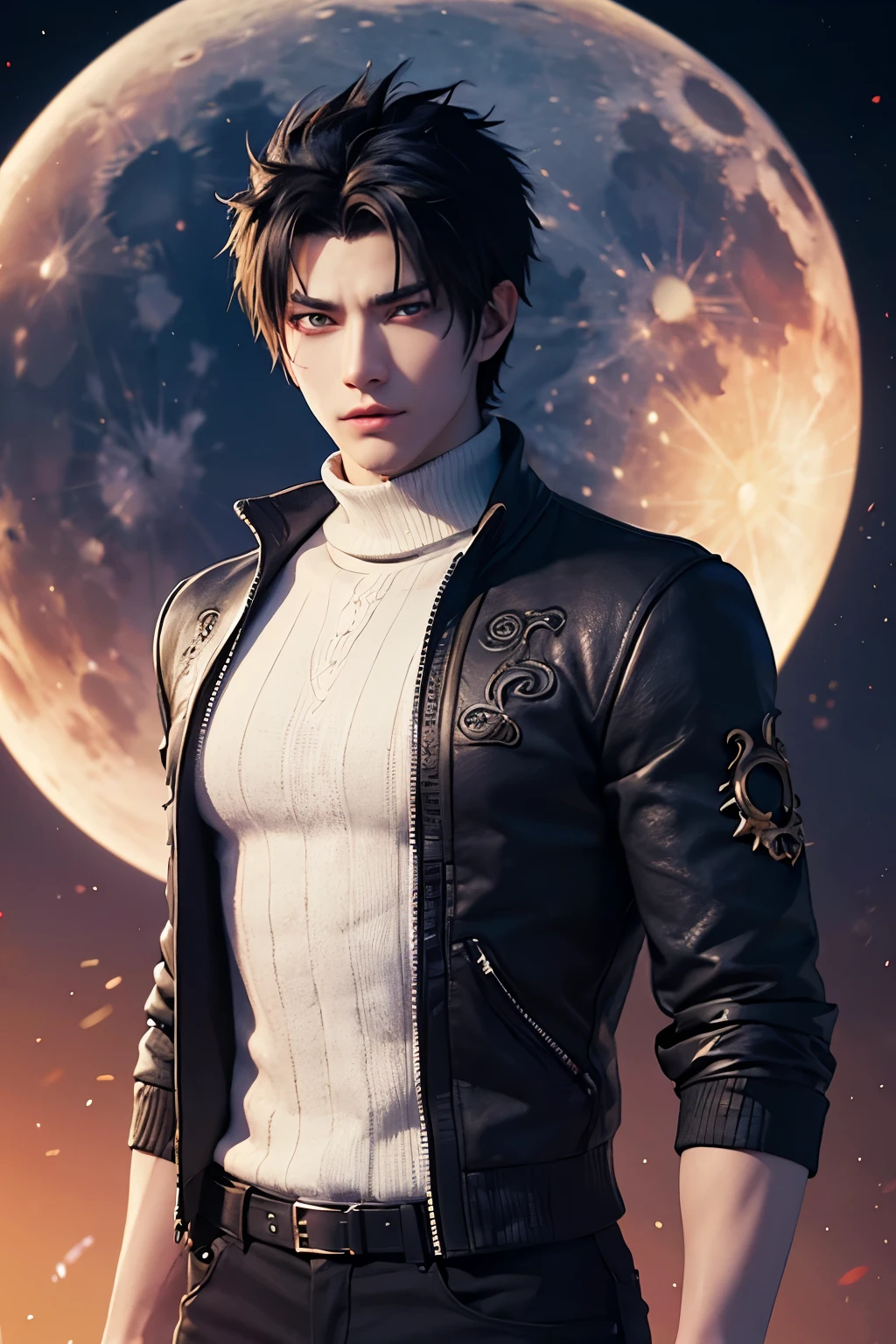 (((ung man 21 years old))), anime character with short hair, black hair, ancient city background, ((large moon)), handsome man in demon slayer art, epic fantasy art style, badass anime 8k, epic fantasy digital art style, detailed digital anime art, human male demon, portrait of hades, epic fantasy art style hd, fierce expression 4k, perfect eyes, perfect skin, demon male, extremely detailed artgerm, wearing white turtleneck kneaded long sleeve sweater, dark blue long pants, strong wind around him