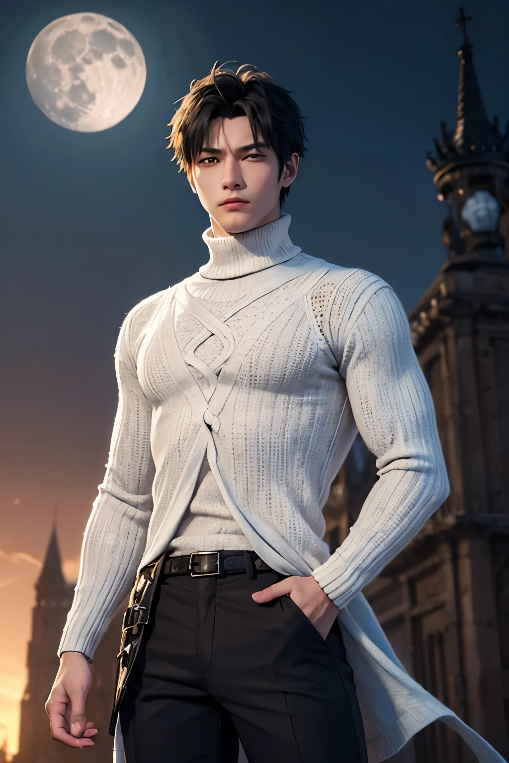 (((1 young man 21 years old))), anime character with short hair, black hair, ancient city background, ((large moon)), handsome man in demon slayer art, epic fantasy art style, badass anime 8k, epic fantasy digital art style, detailed digital anime art, human male demon, portrait of hades, epic fantasy art style hd, fierce expression 4k, perfect eyes, perfect skin, demon male, extremely detailed artgerm, ((wearing thick white turtleneck kneaded long sleeve sweater)), dark blue long pants, wind magic