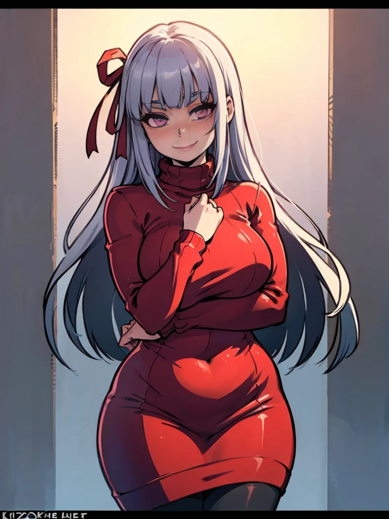 ((art by Kipteitei)), ((Masterpiece, best quality, perfect lighting, amazing shading)), (perfect anatomy, realistic proportions), field of depth, extremely beautiful, detailed face, ultra cute face, cute, long silver hair, hair ribbons, purple eyes, turtleneck sweater, tights, cute smile, (curvy), blushing, (cowboy shot), (elegant pose), detailed background