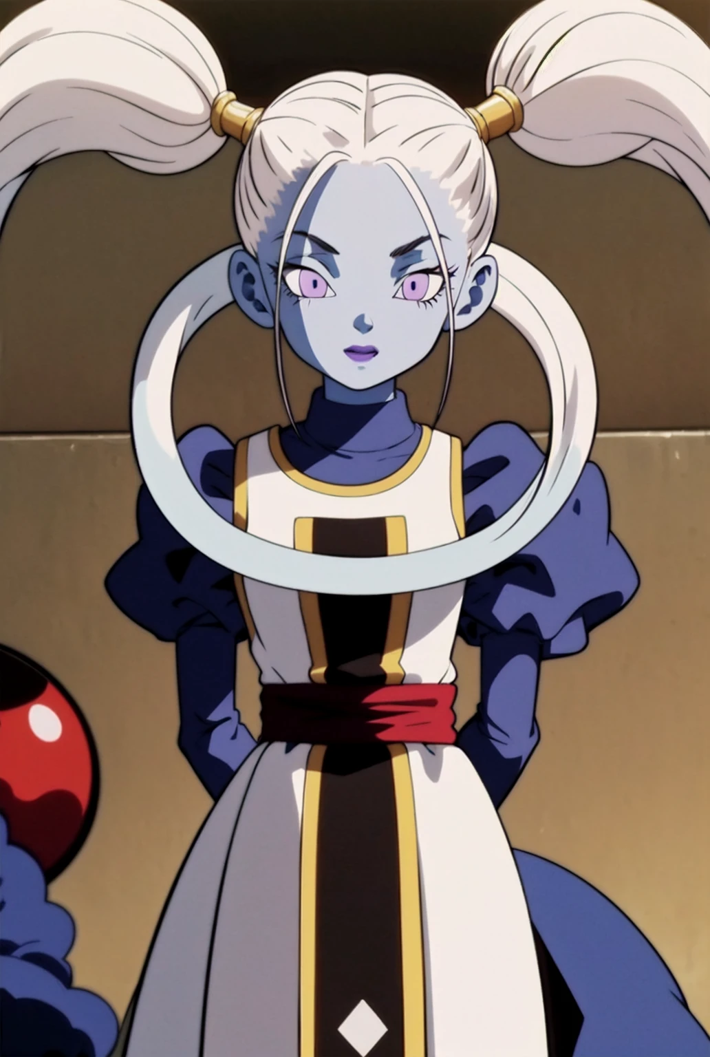 (masterpiece, best quality), 1girl, marcarita, 1girl, solo, blue skin, white hair, hair tied like a pigtail, short white dress, purple eyes, backwards, looking back, dinamic poses