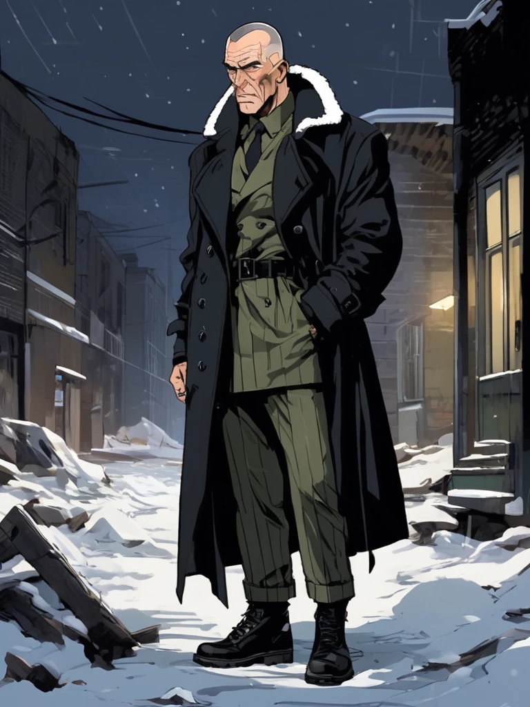 score_9, score_8_up, old muscular man, detailed face, buzz cut, (black trenchcoat:1.5), white fur collar, olive pants, vertical stripe shirt, black combat boots, (at night:1.5), abandoned interior background, snow on the ground, sharp shadows