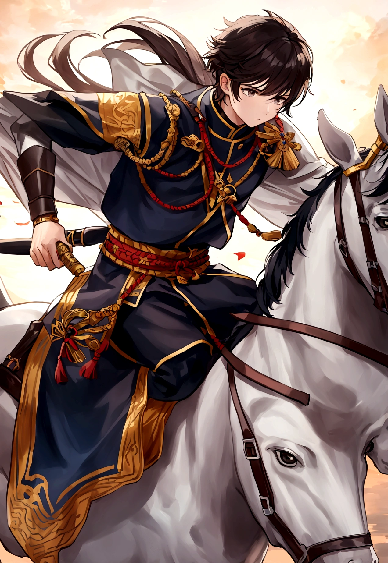 A bravery youth boy wearing Mongolian armor riding on a white horse and dragging a bow.