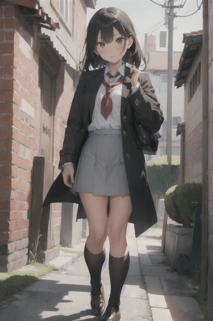 ((masterpiece)), best quality, extremely detailed face, ultra high res, (photorealistic:1.4), Amazing, finely detail, huge filesize, correct exposure, 1 girl, Athletic Body, 172cm height, (intricate details), SOLO, looking at the viewer, perfect lighting, realistic, lips, blush, shiny skin, fair skin, extremely detailed face, beautiful detailed eyes, (detail skin:1.2), depth of view, ,((school uniform, overcoat,leather shoes,)), fullbody shot, standing,