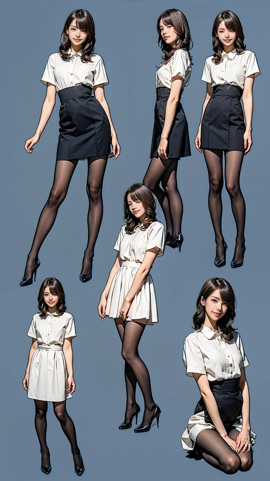 ((masterpiece)),(((Highest quality))),((Character design sheet)),Thin thighs,Long legs,Bunny girl in gorgeous light blue maid outfit:1.5，wear black tights:1.5，The best smile:1.5，Full Body Shot:1.5，Gray background:1.5，Wearing black high heels:1.5，short side waves:1.5，