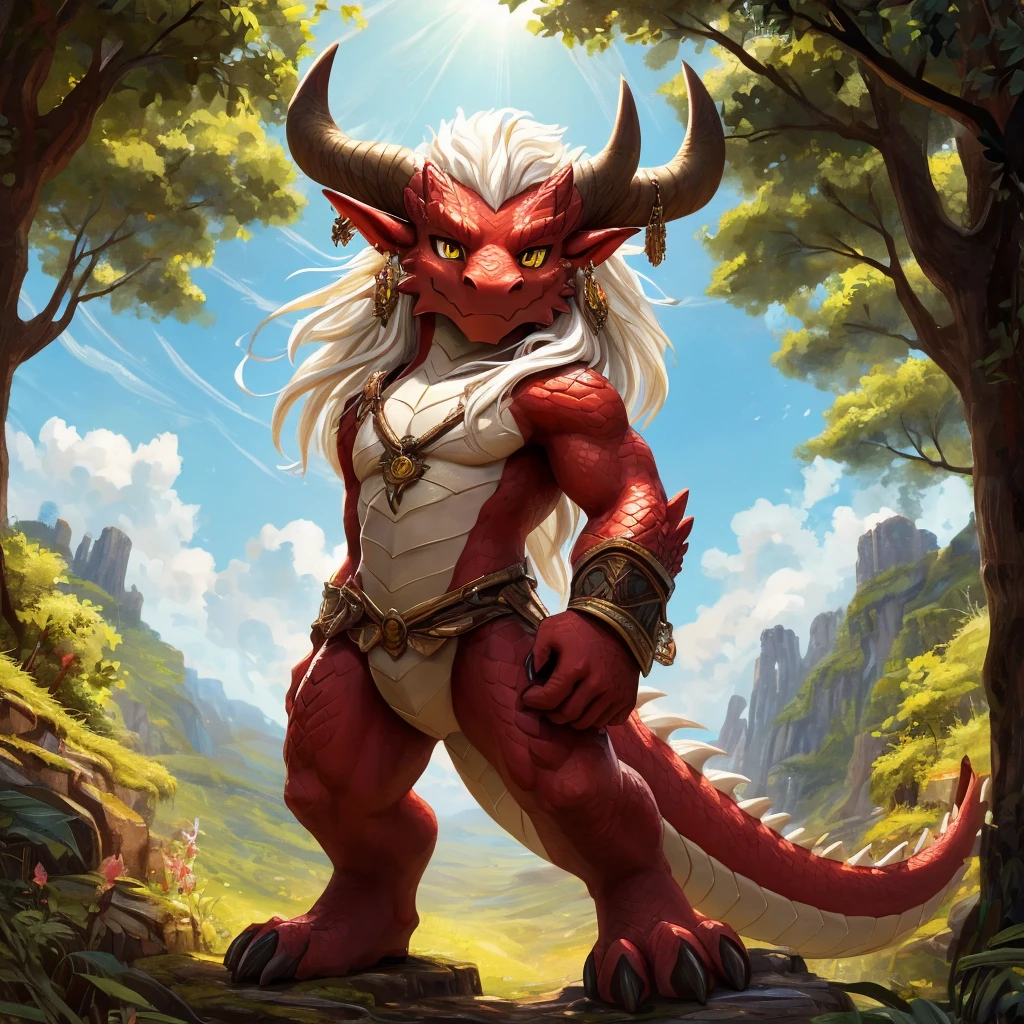 ultra-detailed, masterpiece, masterwork, high quality, best quality, hdr, (nature), nsfw, male, solo, chibi, dragon, ((brief)), (little red body minotaur), (white body), (long golden hair, yellow eyes, cool eyes), standing, cross your arms, dynamic angle, earrings, sweat