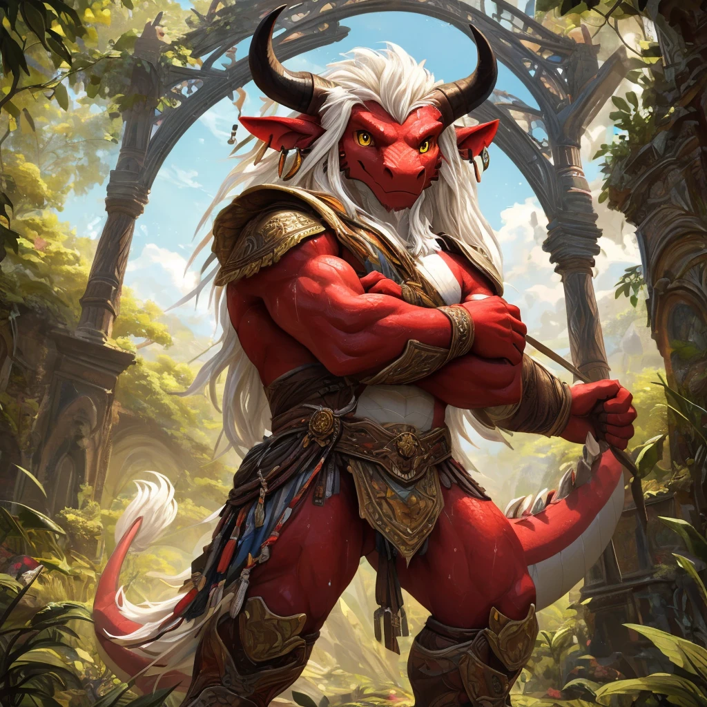 ultra-detailed, masterpiece, masterwork, high quality, best quality, hdr, (nature), nsfw, male, solo, chibi, dragon, ((brief)), (little red body minotaur), (white body), (long golden hair, yellow eyes, cool eyes), standing, cross your arms, dynamic angle, earrings, sweat