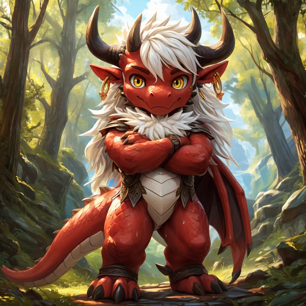 ultra-detailed, masterpiece, masterwork, high quality, best quality, hdr, (nature), nsfw, male, solo, dragon, chibi, ((nude)), (little red body minotaur), (white body), (long golden hair, yellow eyes), sitting, front view, from below, dynamic angle, (micropenis, foreskin, perfect balls, male urinate, peeing), earrings