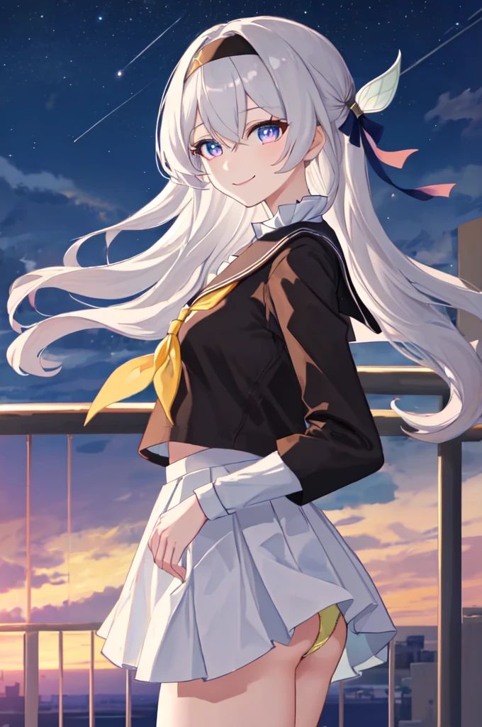 best quality, masterpiece, highres, ï¼firefly \(honkai: star rail\), 1girl, solo, long hair, smile, blue eyes, closed mouth, looking at viewer, outdoors, bangs, long sleeves, hair ornament, hairband, hair between eyes, cloudy sky, blue sky, star \(sky\), night sky, white hair, cowboy_shot, (white shirt), railing,serafuku,school_uniform,yellow_neckerchief,sailor_collar,no_pants,green_panties,bowleg